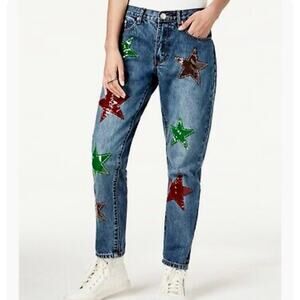 Stonewash star patch ankle jeans, NEW xs Girlfriend ankle blue denim by Glam